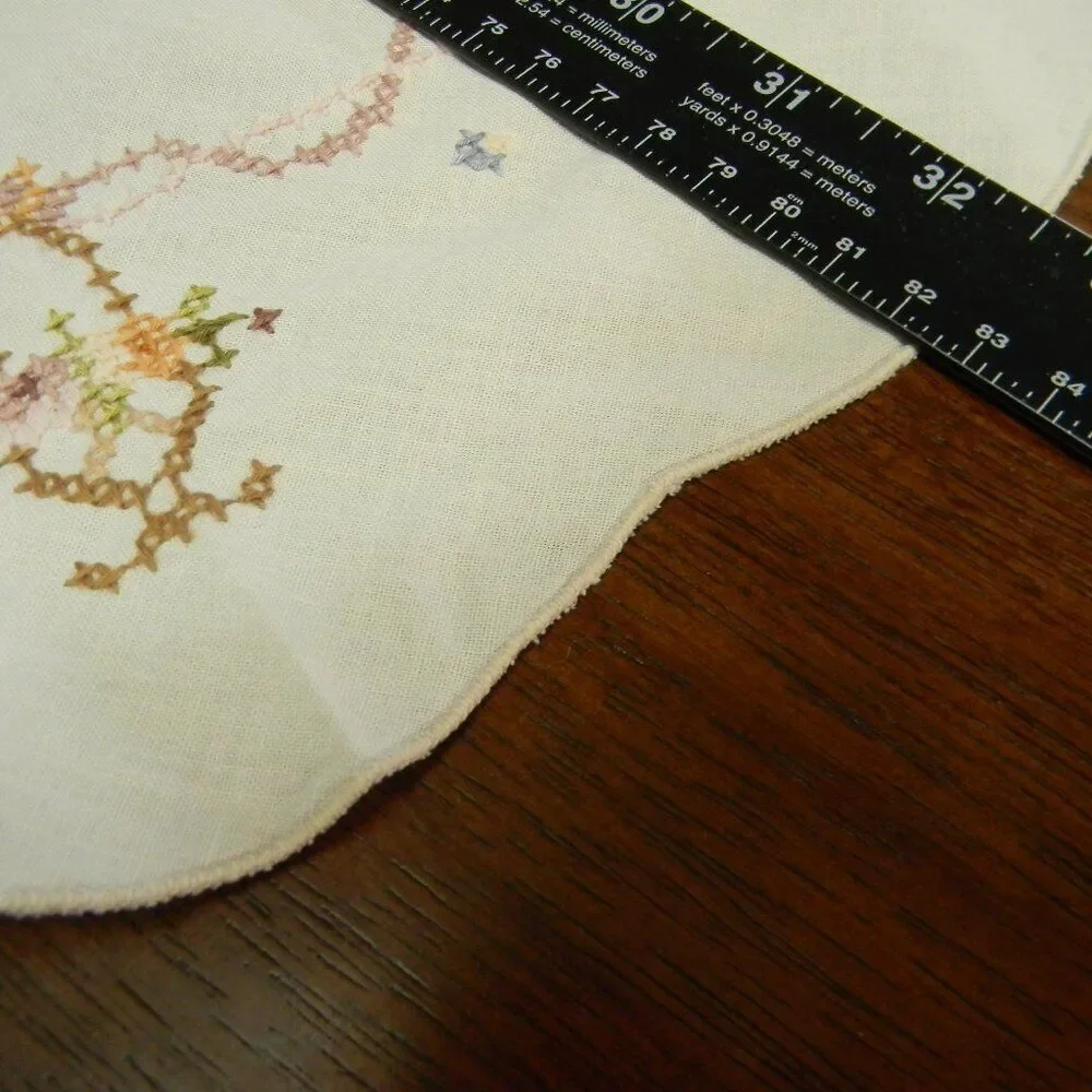 Vintage Handmade Cross Stitch Crochet Doily Tablecloth Floral Basket White Round